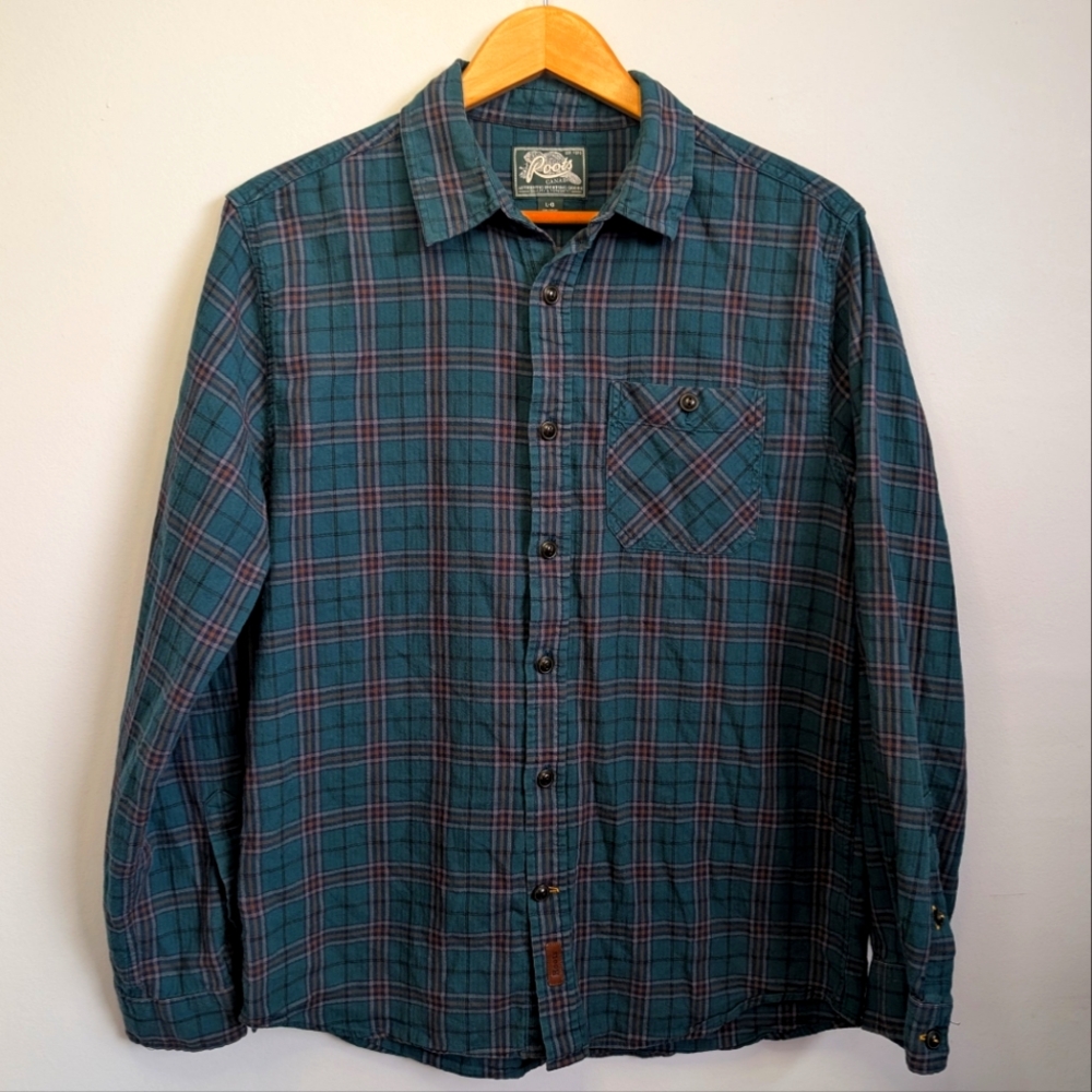 Roots Plaid Button-Down Shirt Green Tartan Men's Large
